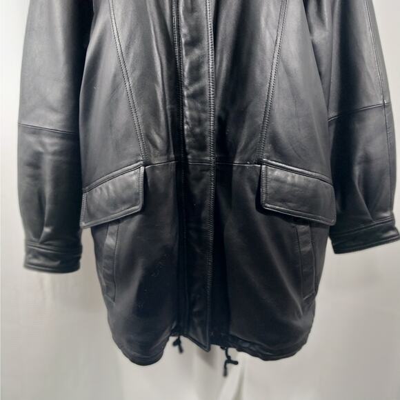 CHARLES KLEIN! CLASSIC BLACK GENUINE LEATHER PARKA STYLE ZIP OFF HOOD COAT! SZ L - Picture 6 of 13